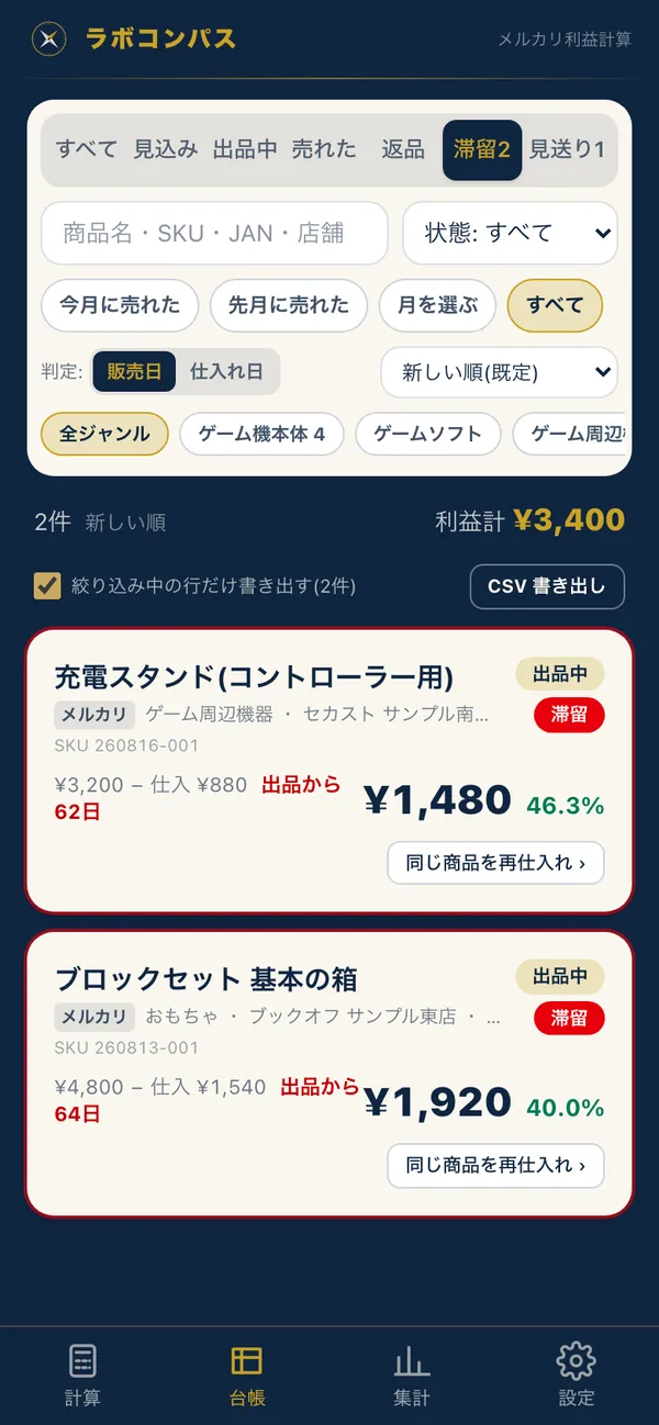 台帳の滞留フィルタ。出品から62日・64日の商品に滞留の印